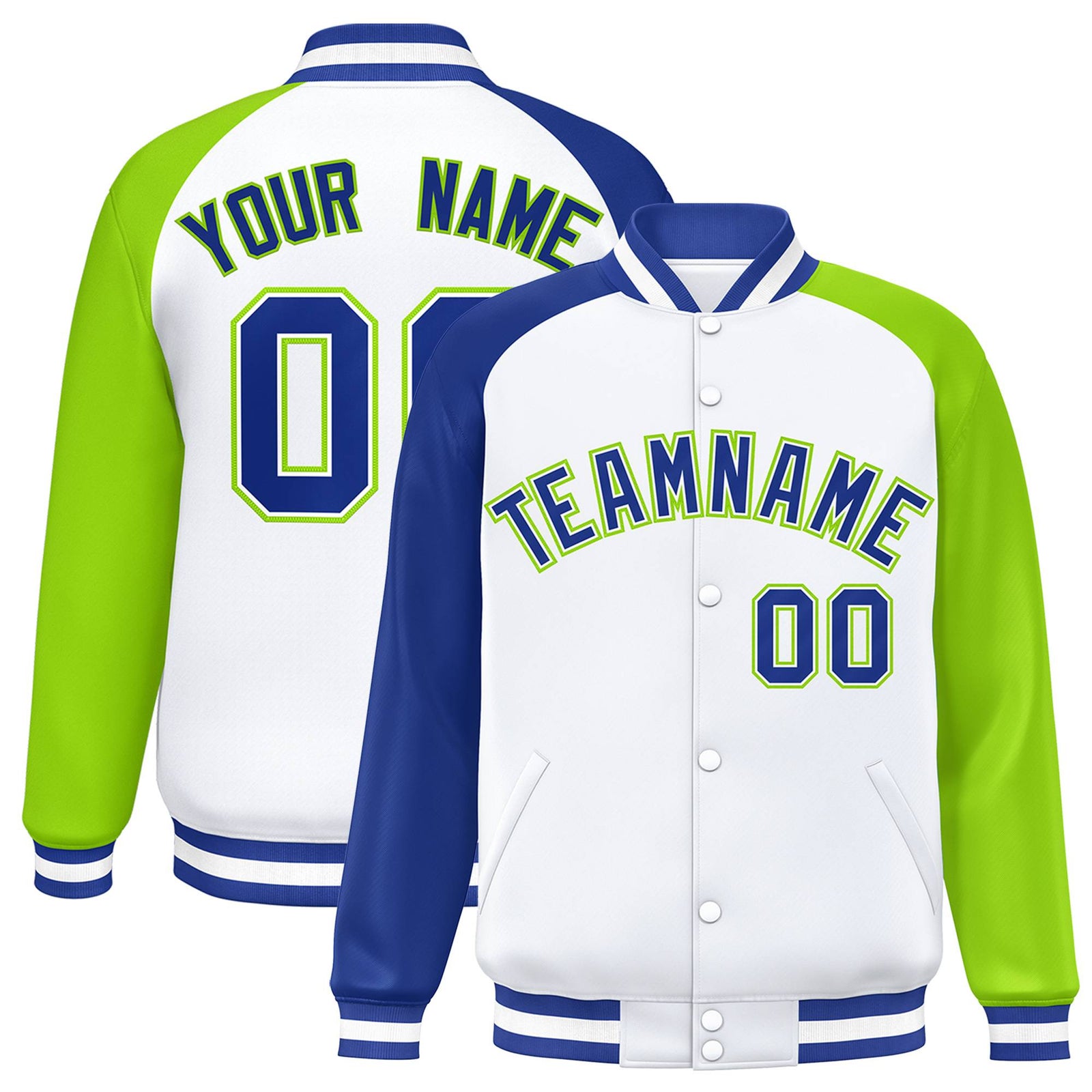 Custom White Neon Green-Royal Blue Raglan Sleeves Varsity Full-Snap Letterman Jacket