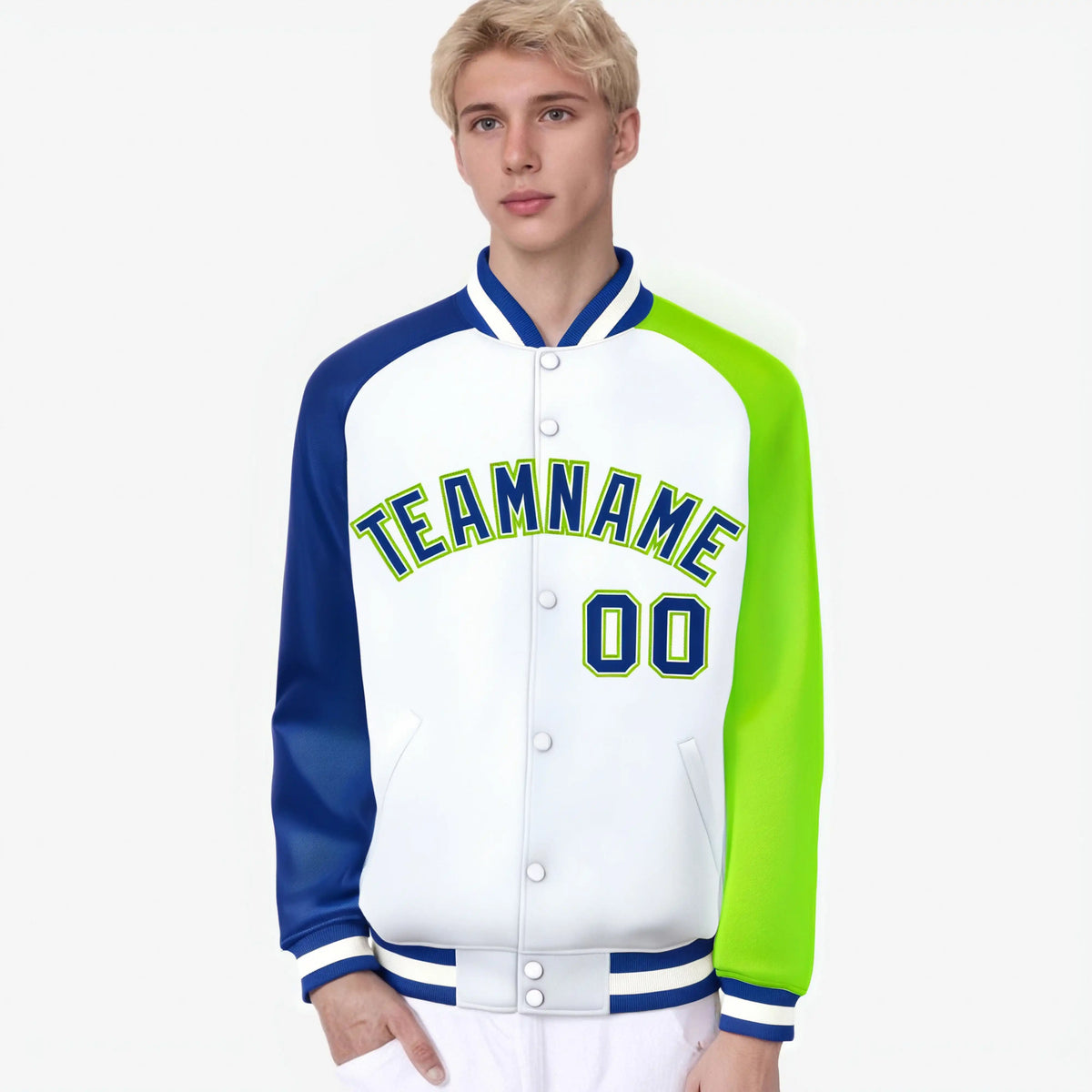 Custom White Neon Green-Royal Blue Raglan Sleeves Varsity Full-Snap Letterman Jacket