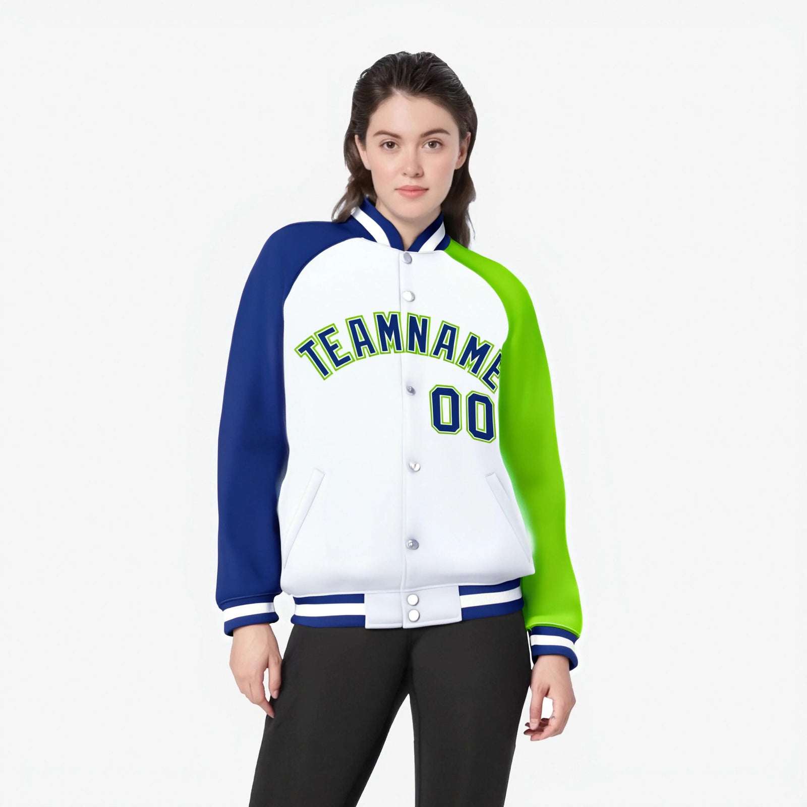 Custom White Neon Green-Royal Blue Raglan Sleeves Varsity Full-Snap Letterman Jacket