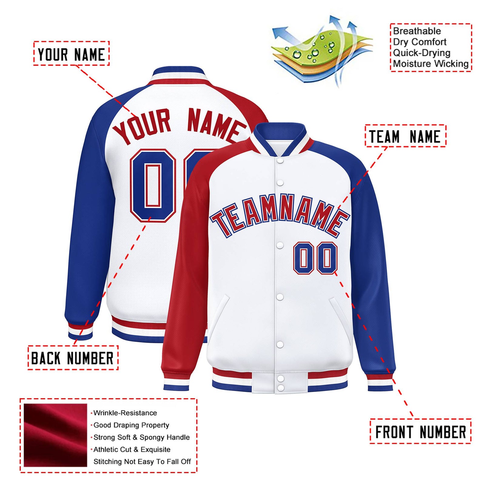 Custom White Royal Blue-Red Raglan Sleeves Varsity Full-Snap Letterman Jacket