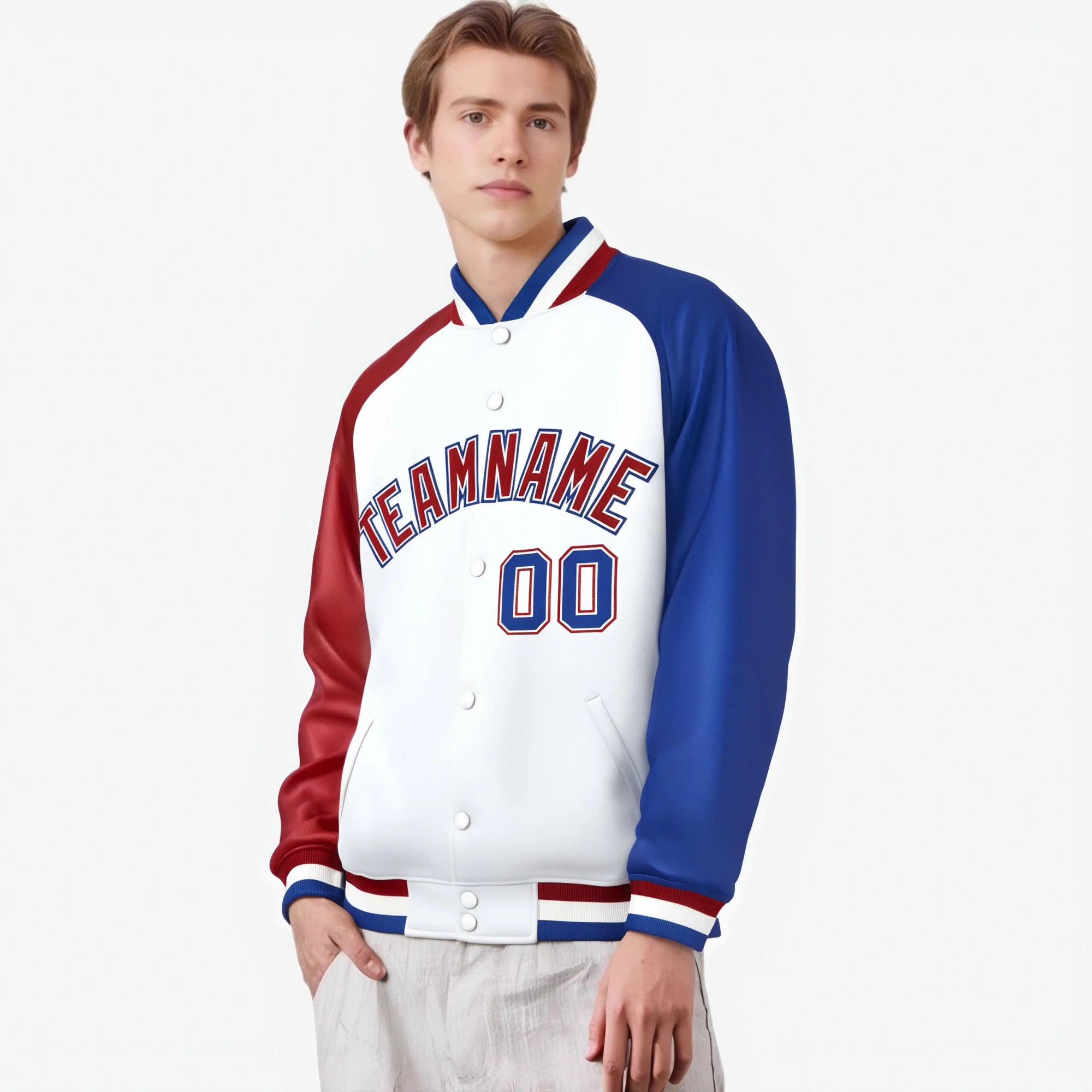 Custom White Royal Blue-Red Raglan Sleeves Varsity Full-Snap Letterman Jacket