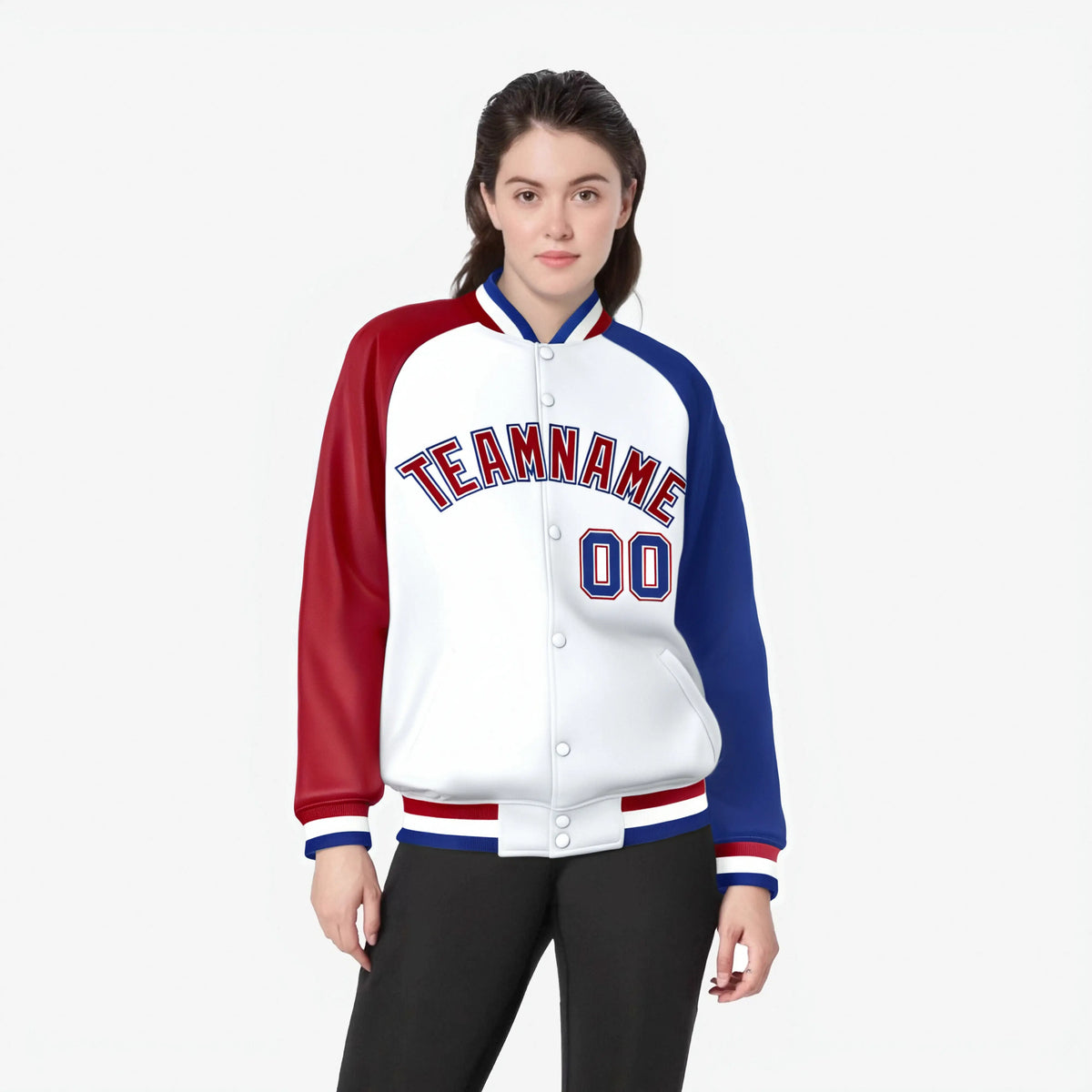 Custom White Royal Blue-Red Raglan Sleeves Varsity Full-Snap Letterman Jacket