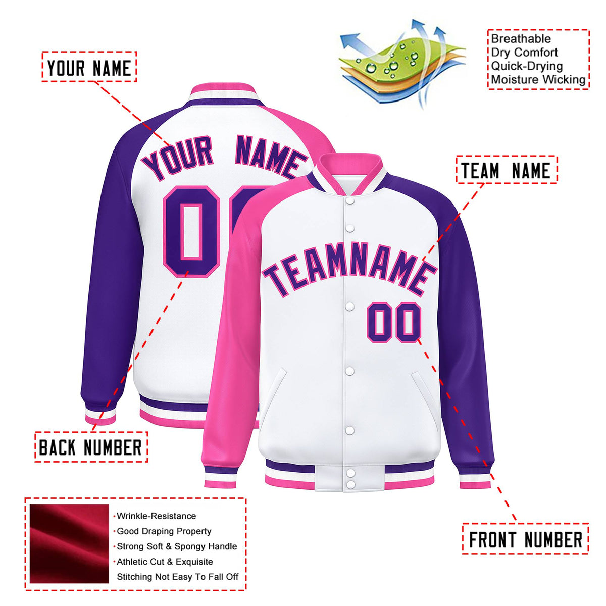 Custom White Purple-Pink Raglan Sleeves Varsity Full-Snap Letterman Jacket