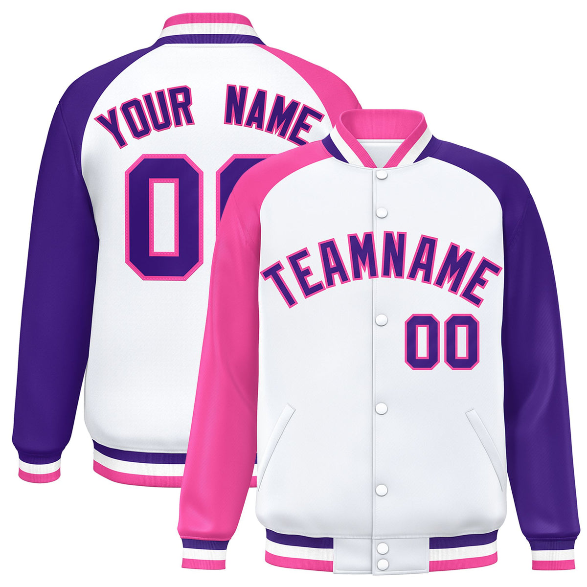 Custom White Purple-Pink Raglan Sleeves Varsity Full-Snap Letterman Jacket