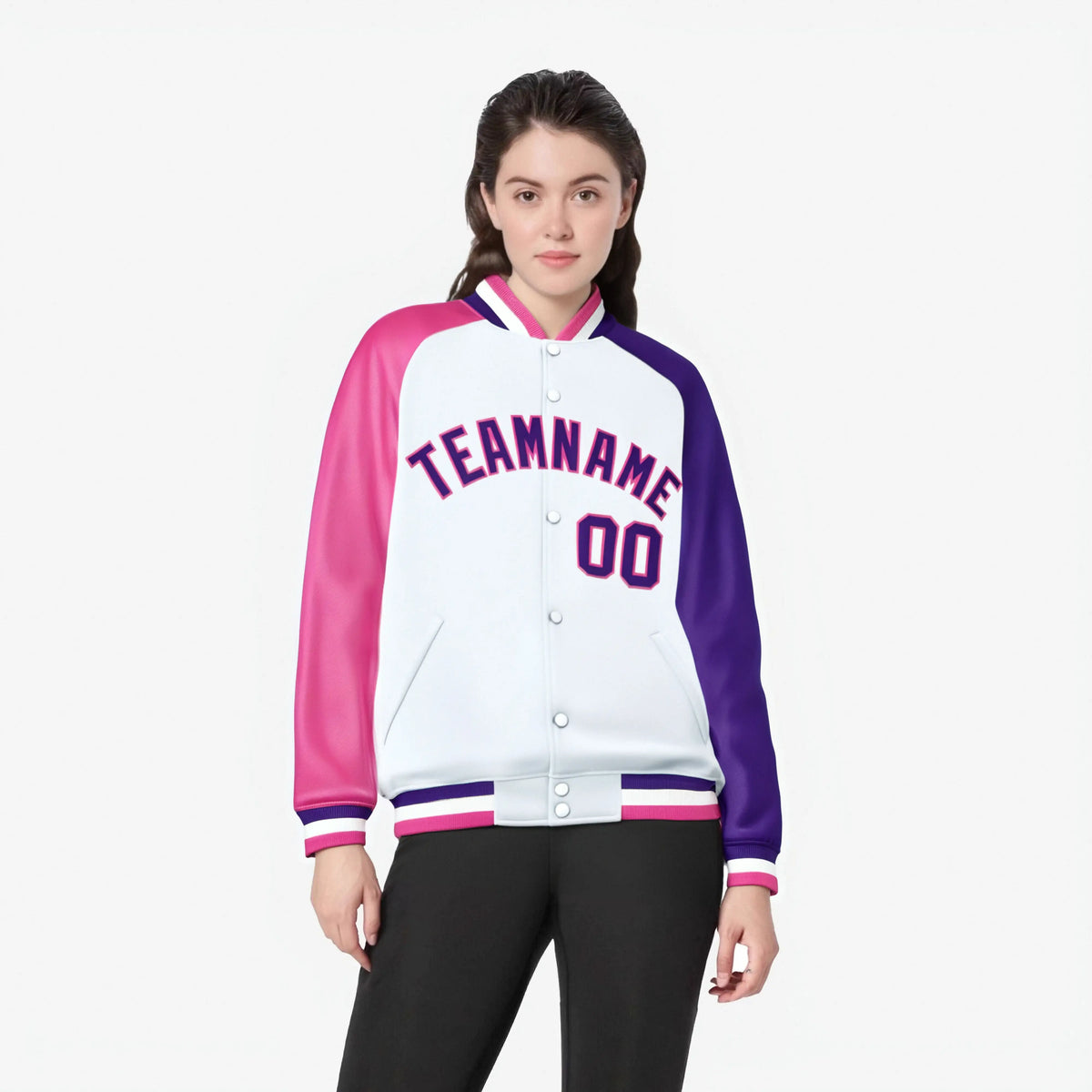 Custom White Purple-Pink Raglan Sleeves Varsity Full-Snap Letterman Jacket