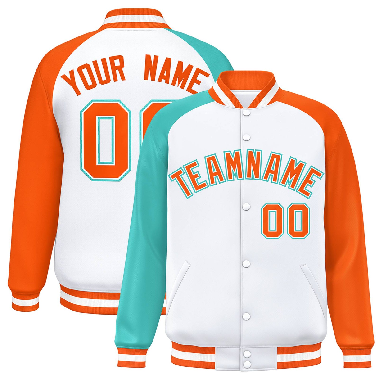 Custom White Orange-Aqua Raglan Sleeves Varsity Full-Snap Letterman Jacket