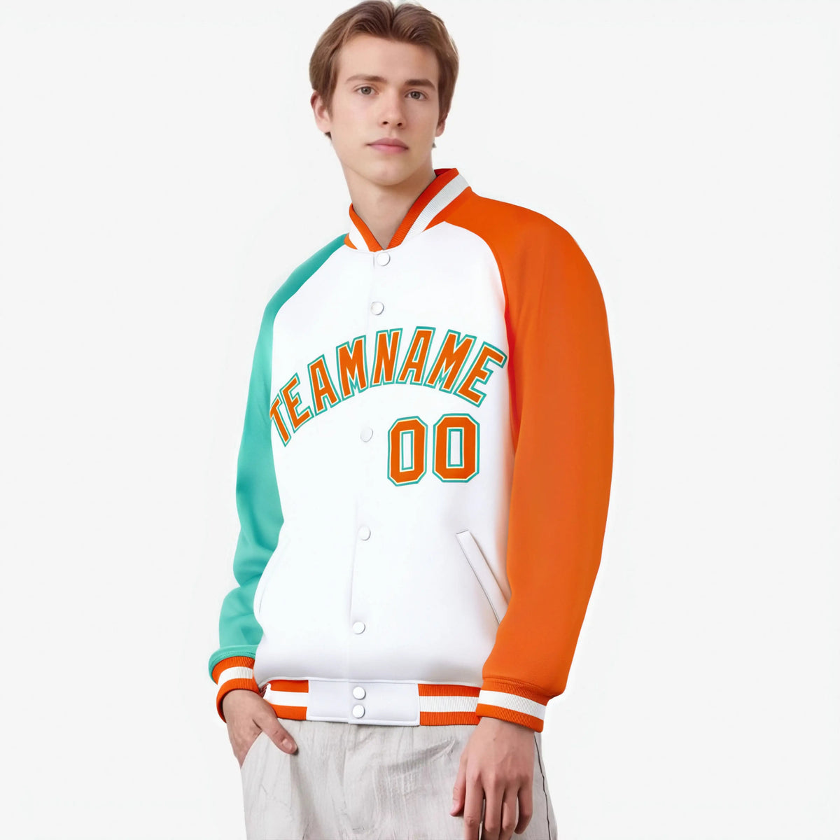 Custom White Orange-Aqua Raglan Sleeves Varsity Full-Snap Letterman Jacket
