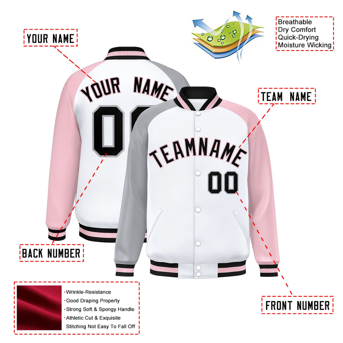 Custom White Pink-Gray Raglan Sleeves Varsity Full-Snap Letterman Jacket