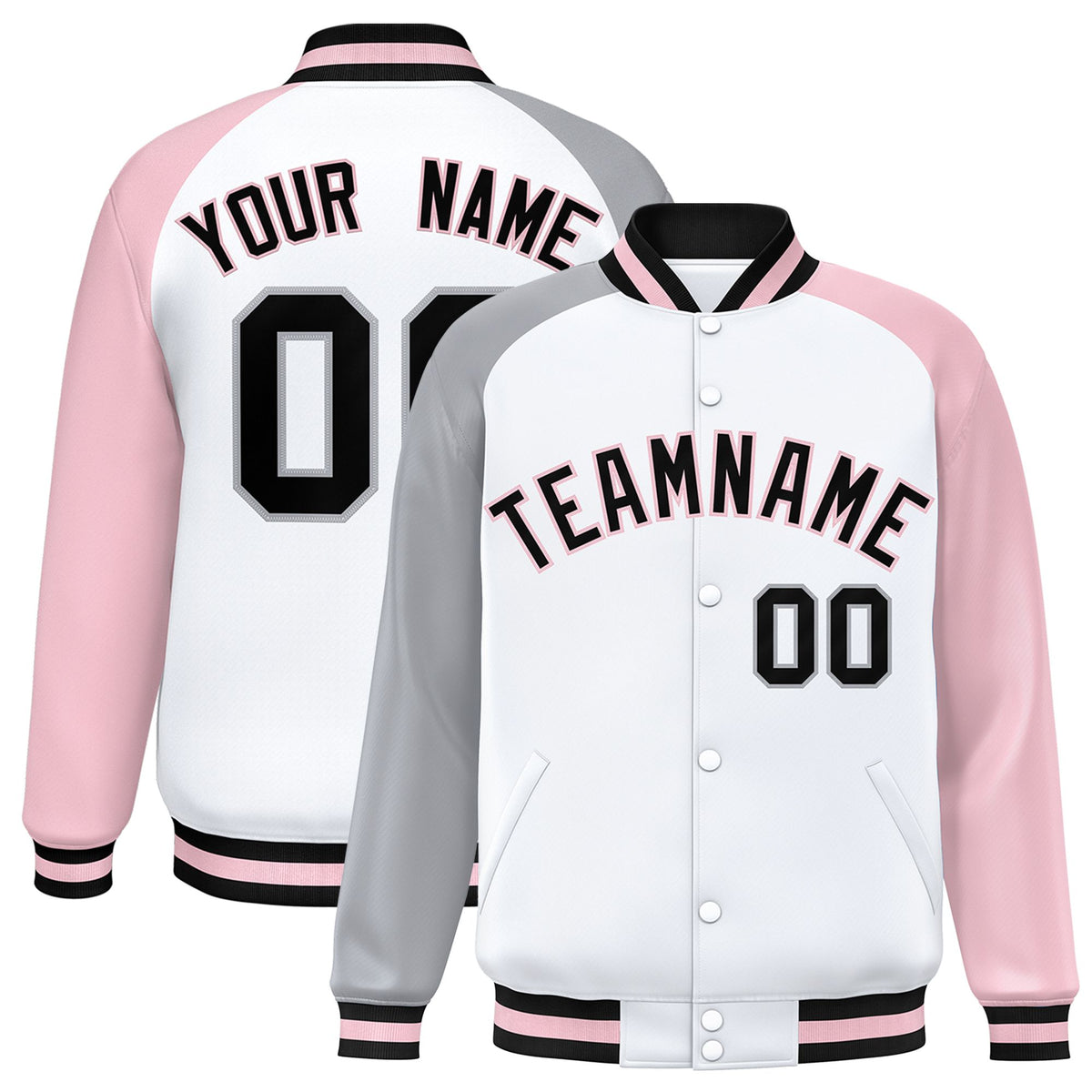 Custom White Pink-Gray Raglan Sleeves Varsity Full-Snap Letterman Jacket