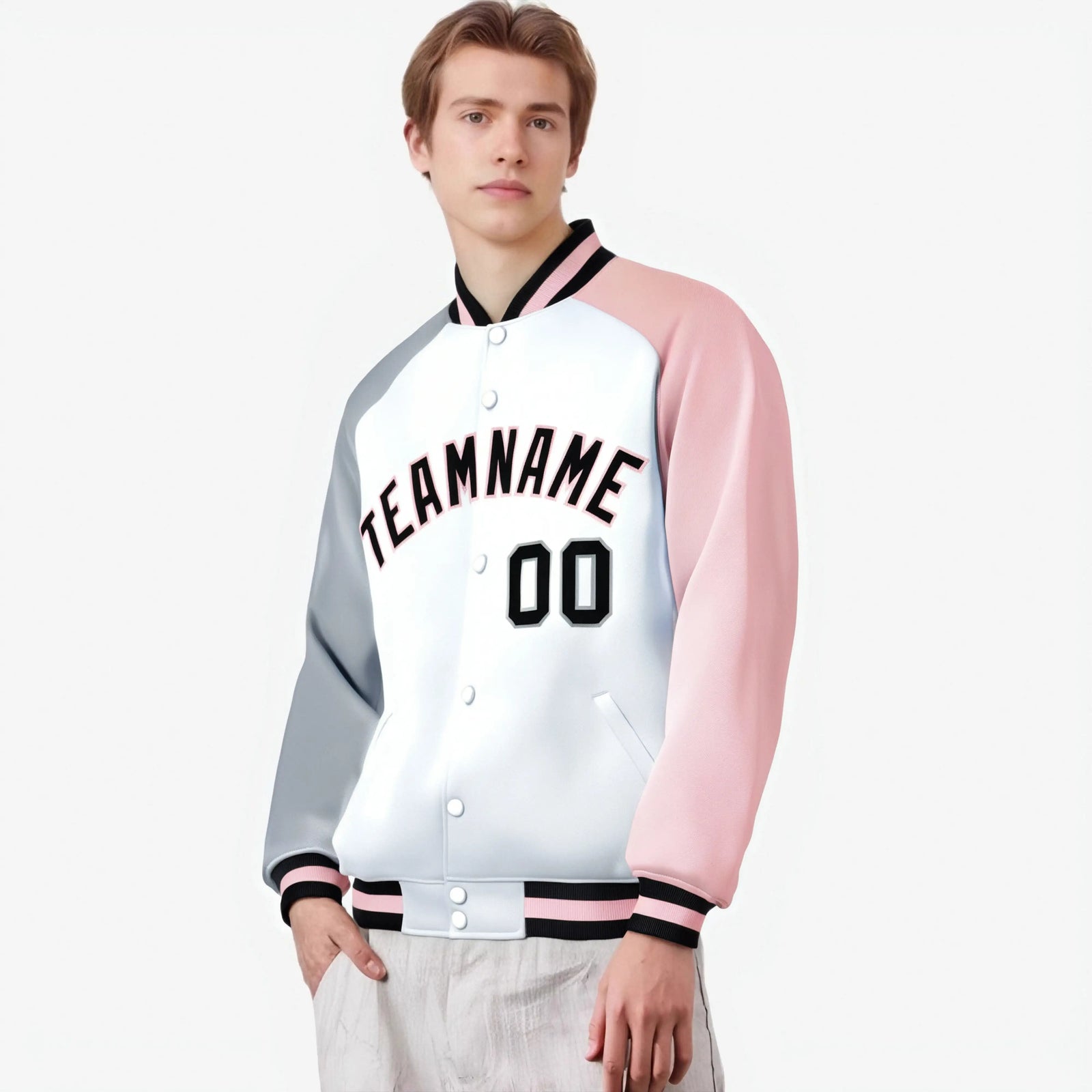 Custom White Pink-Gray Raglan Sleeves Varsity Full-Snap Letterman Jacket