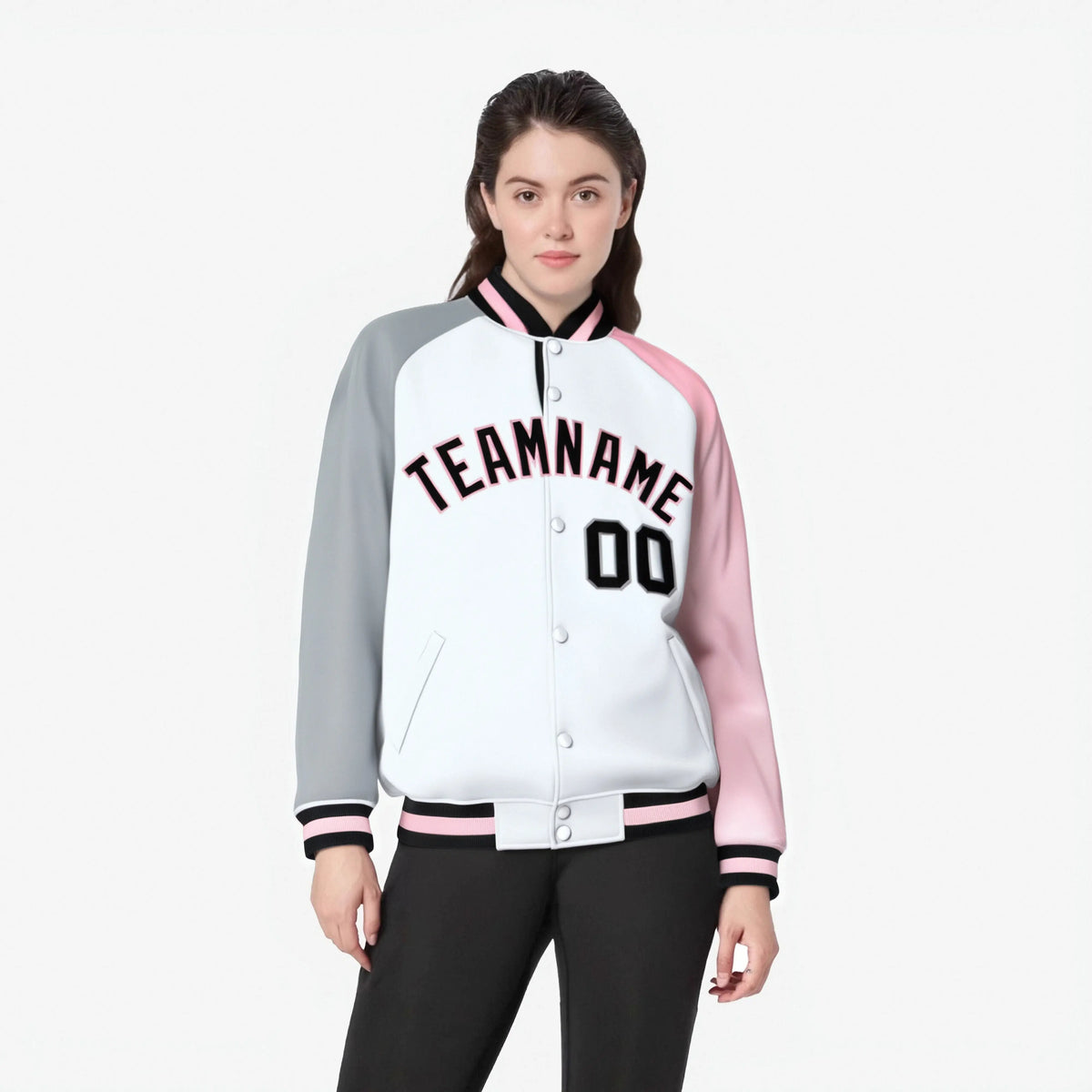 Custom White Pink-Gray Raglan Sleeves Varsity Full-Snap Letterman Jacket