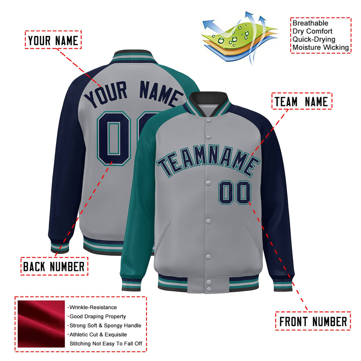Custom Gray Navy-Aqua Raglan Sleeves Varsity Full-Snap Letterman Jacket