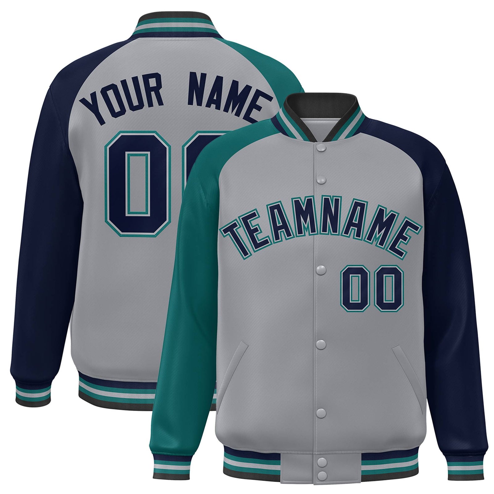 Custom Gray Navy-Aqua Raglan Sleeves Varsity Full-Snap Letterman Jacket