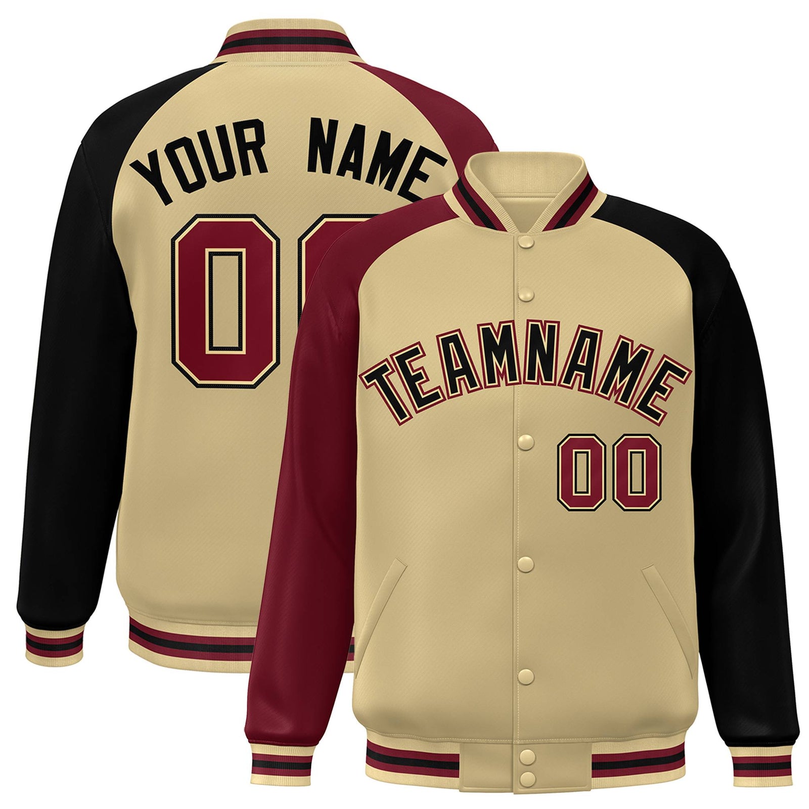 Custom Cream Navy-Crimson Raglan Sleeves Varsity Full-Snap Letterman Jacket