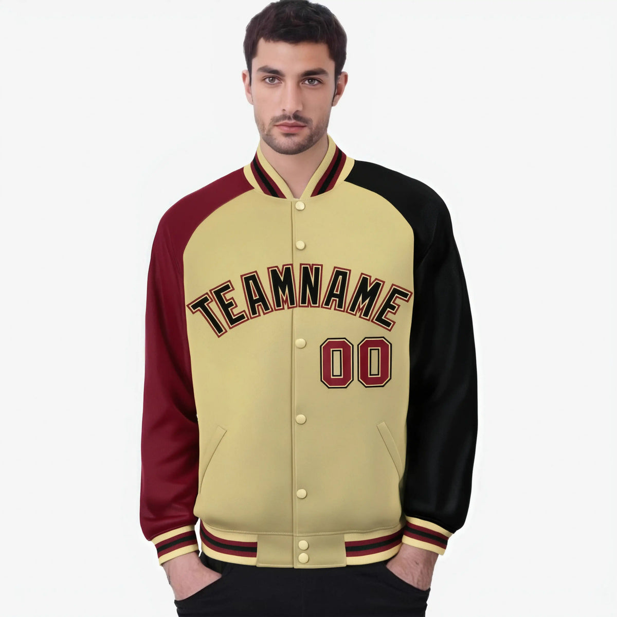 Custom Cream Navy-Crimson Raglan Sleeves Varsity Full-Snap Letterman Jacket
