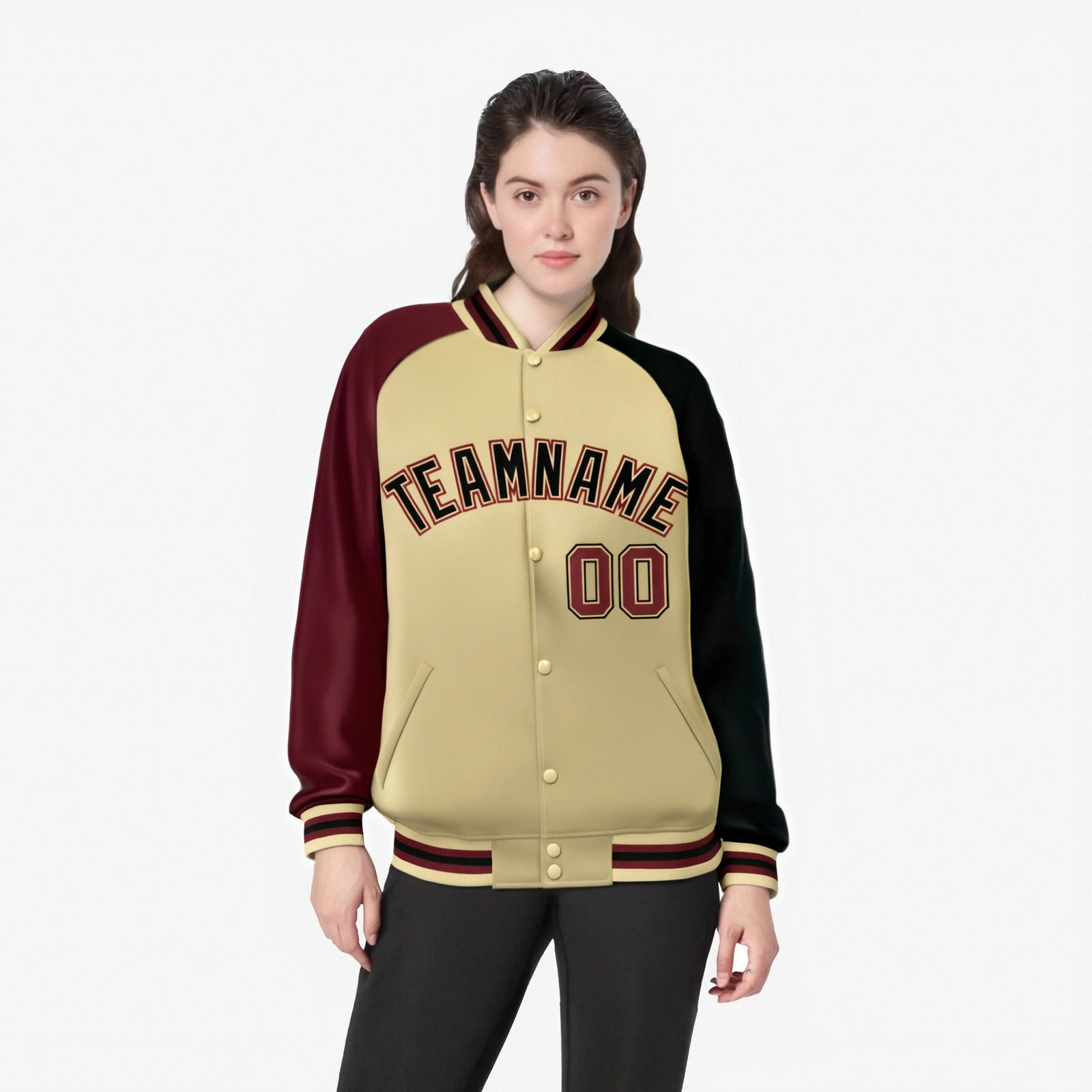 Custom Cream Navy-Crimson Raglan Sleeves Varsity Full-Snap Letterman Jacket