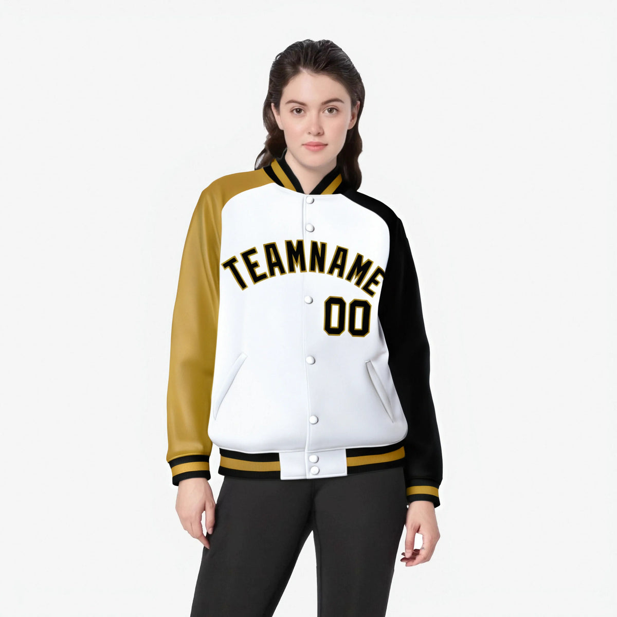 Custom White Black-Old Gold Raglan Sleeves Varsity Full-Snap Letterman Jacket