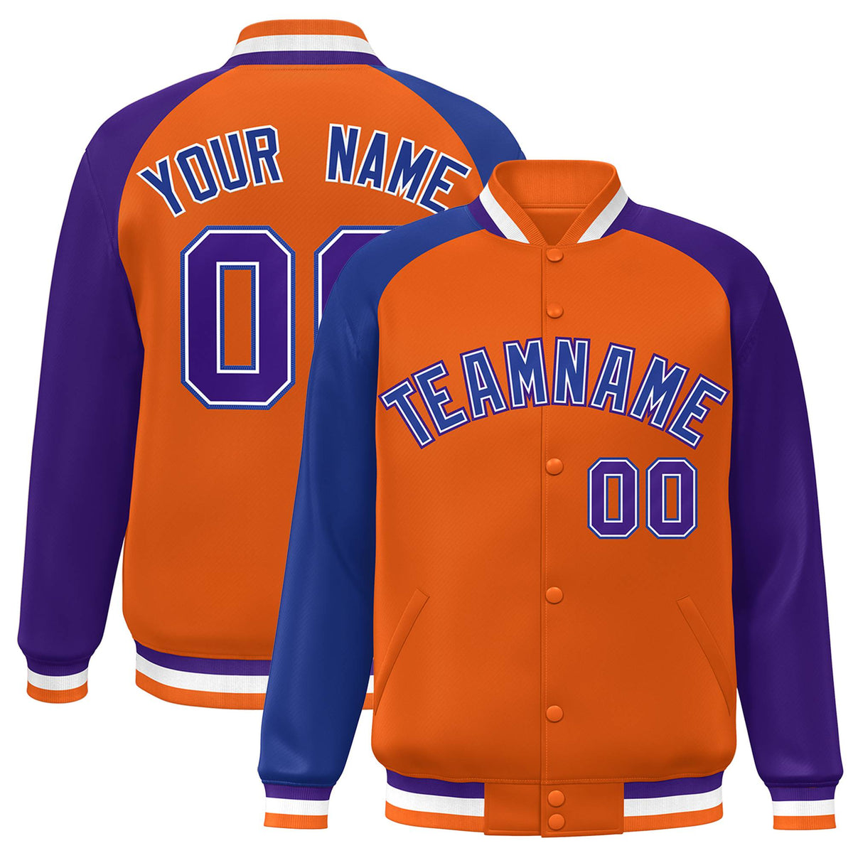 Custom Orange Purple-Royal Blue Raglan Sleeves Varsity Full-Snap Letterman Jacket