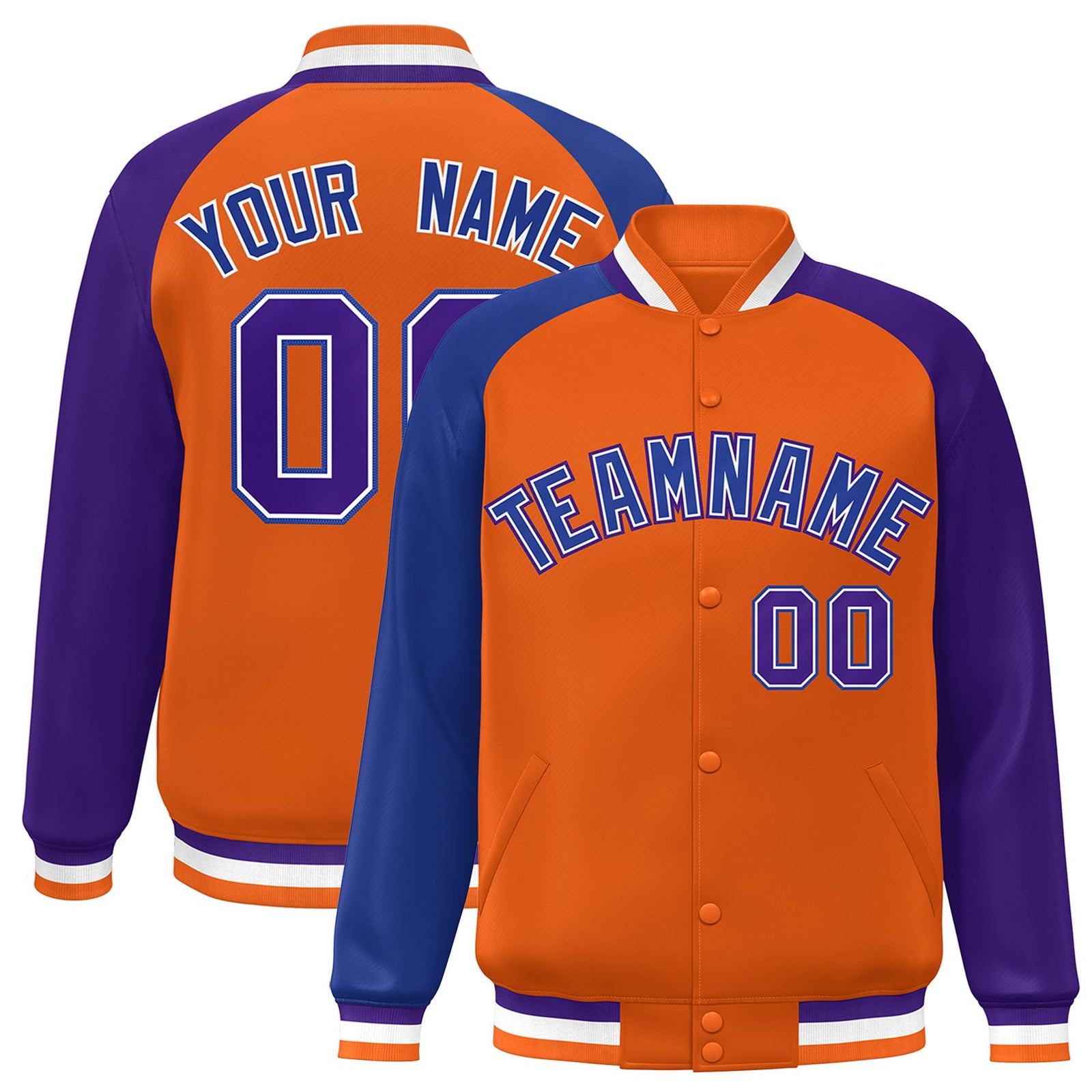 Custom Orange Purple-Royal Blue Raglan Sleeves Varsity Full-Snap Letterman Jacket