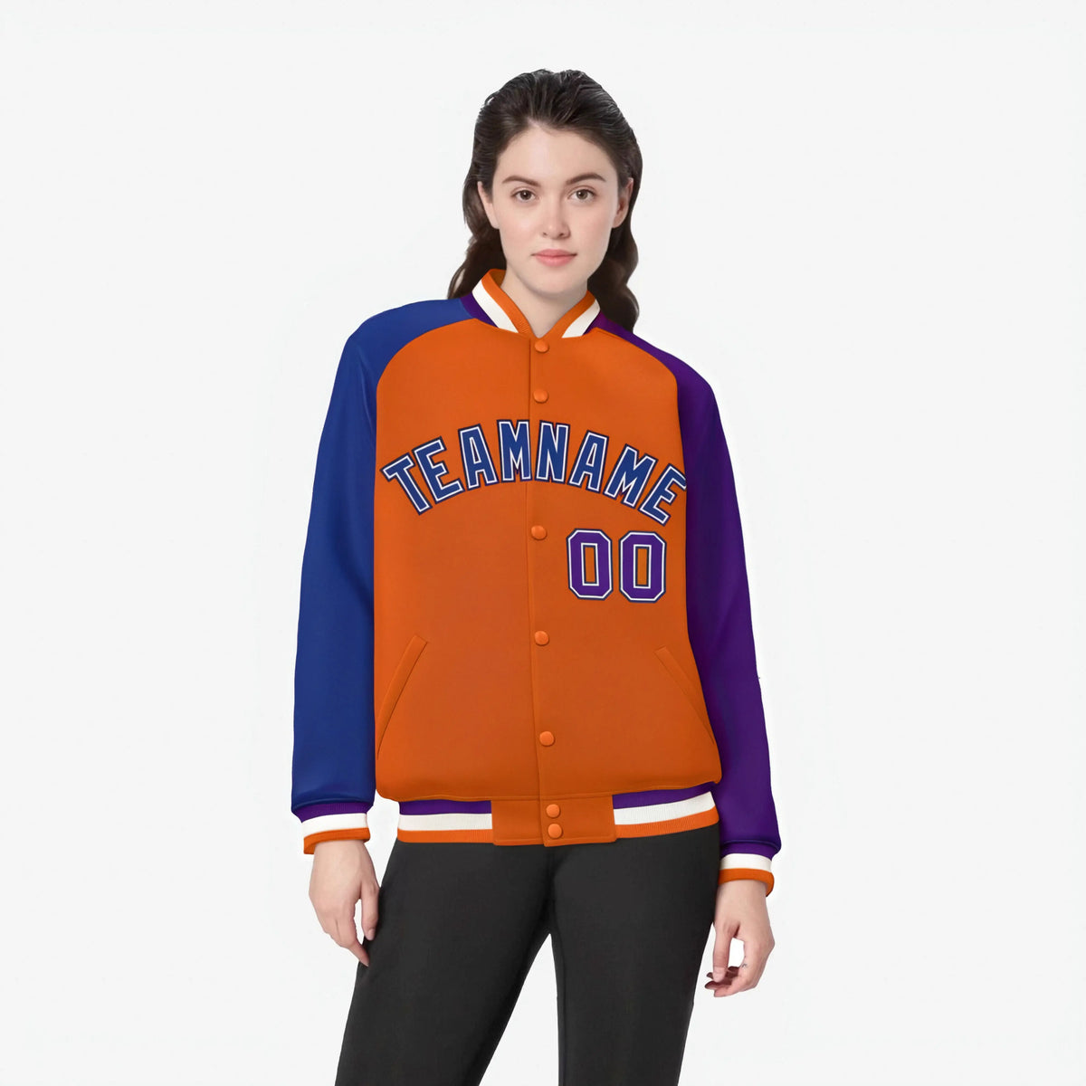 Custom Orange Purple-Royal Blue Raglan Sleeves Varsity Full-Snap Letterman Jacket