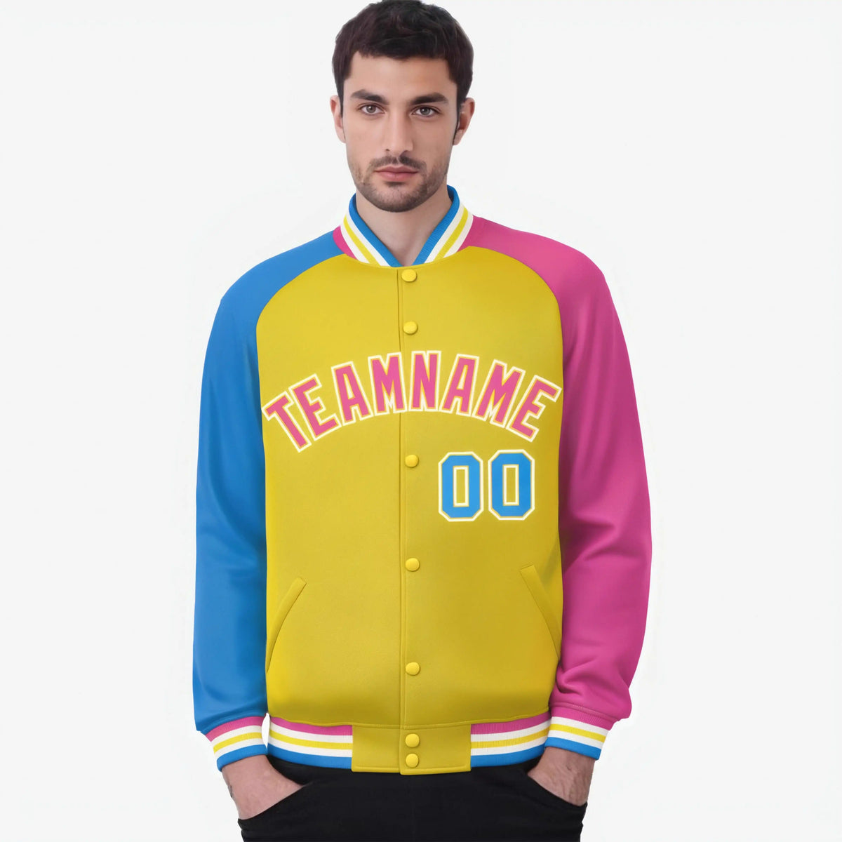 Custom Gold Pink-Powder Blue Raglan Sleeves Varsity Full-Snap Letterman Jacket