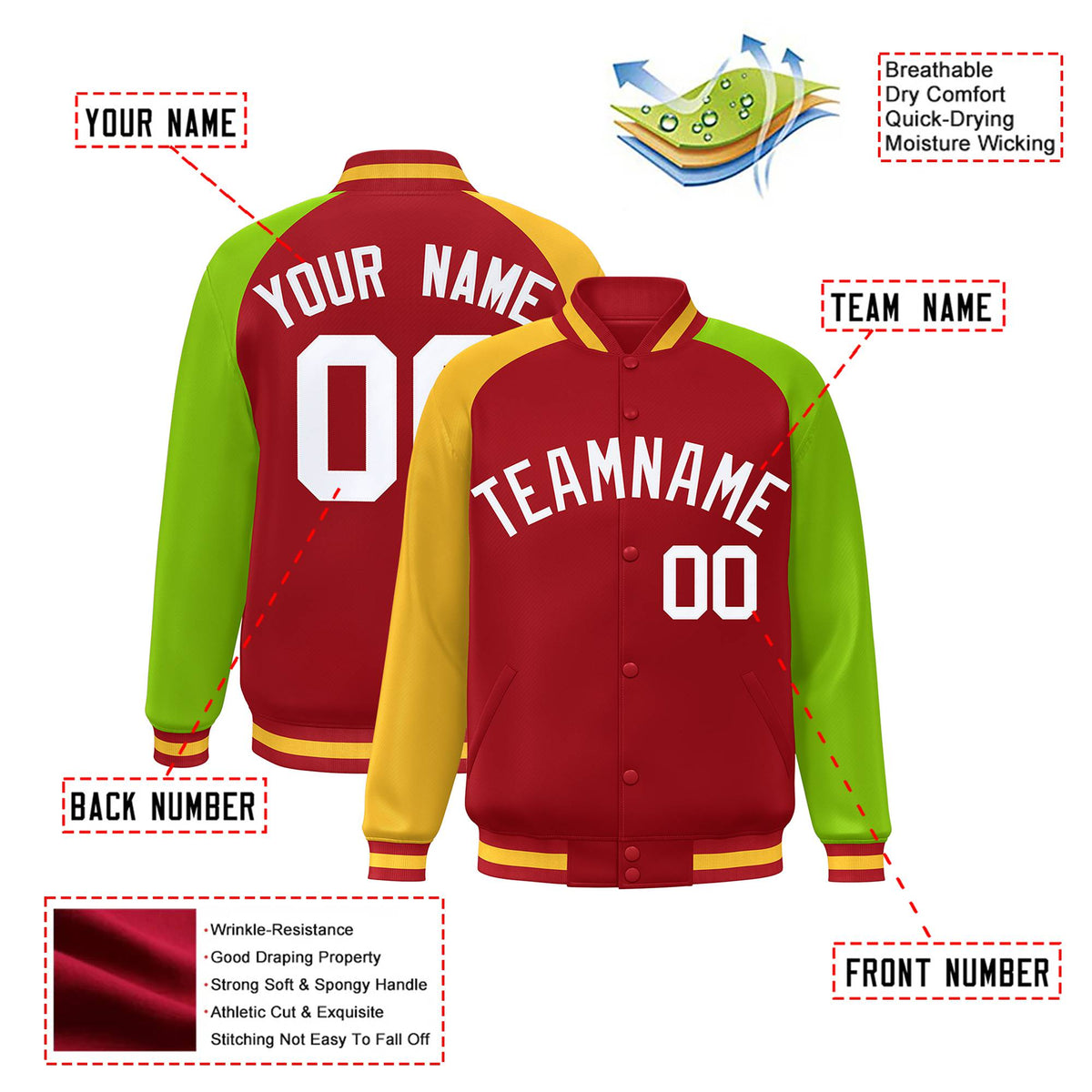 Custom Red Neon Green-Gold Raglan Sleeves Varsity Full-Snap Letterman Jacket