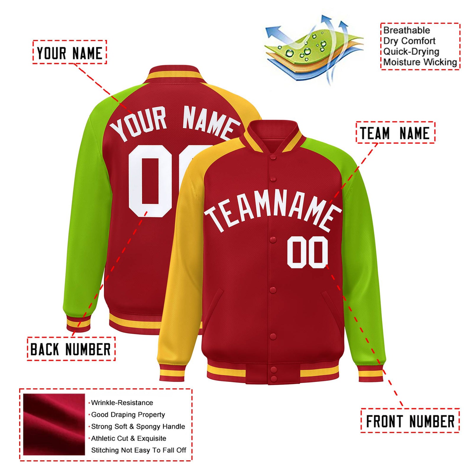 Custom Red Neon Green-Gold Raglan Sleeves Varsity Full-Snap Letterman Jacket