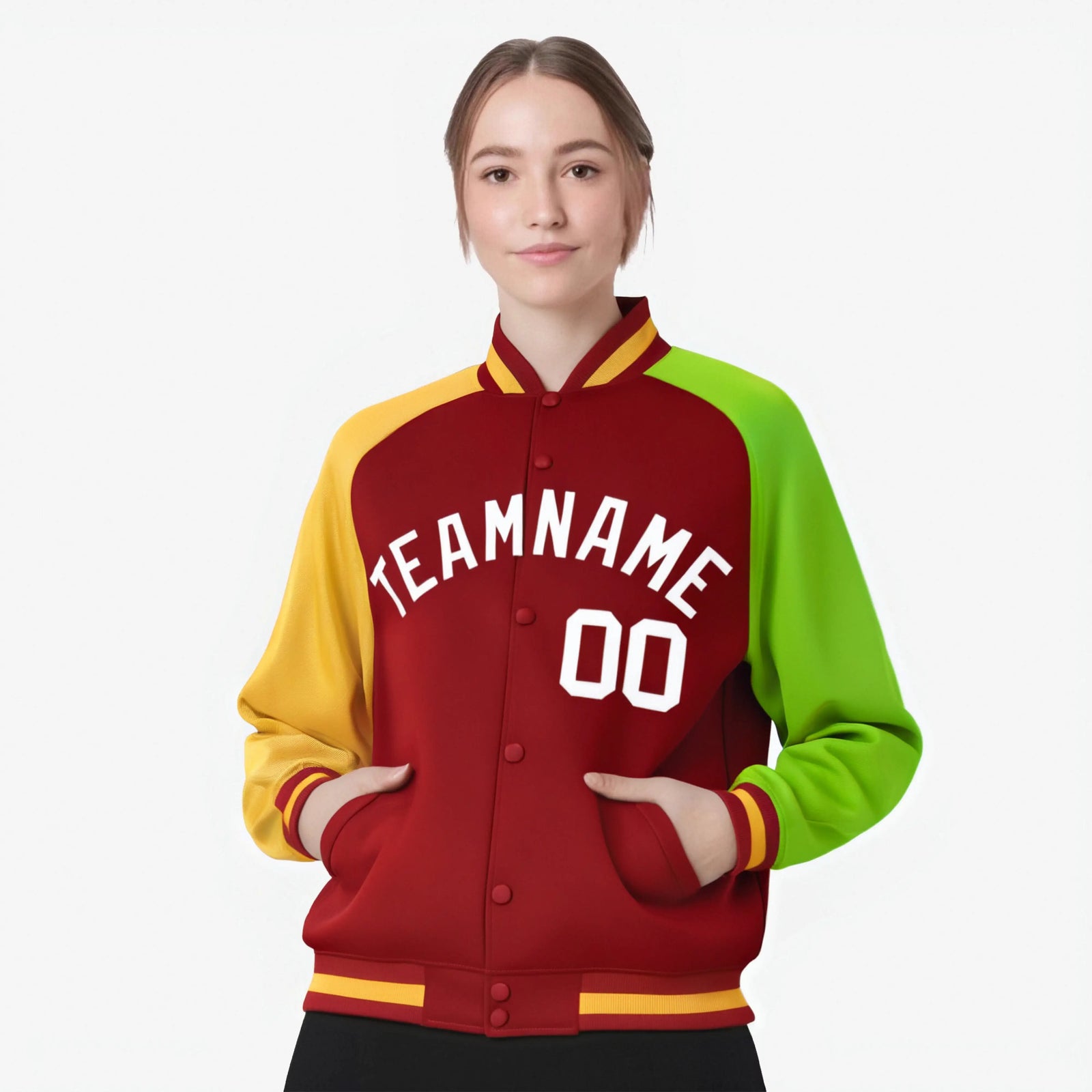 Custom Red Neon Green-Gold Raglan Sleeves Varsity Full-Snap Letterman Jacket
