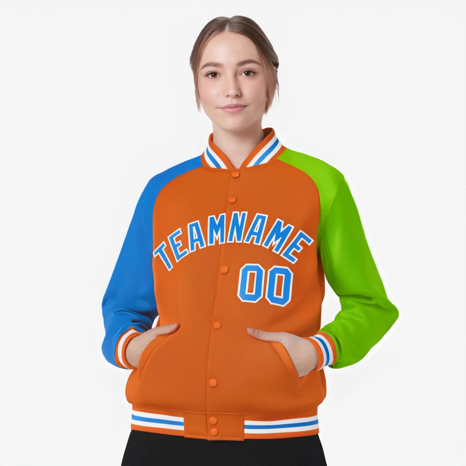 Custom Orange Neon Green-Powder Blue Raglan Sleeves Varsity Full-Snap Letterman Jacket