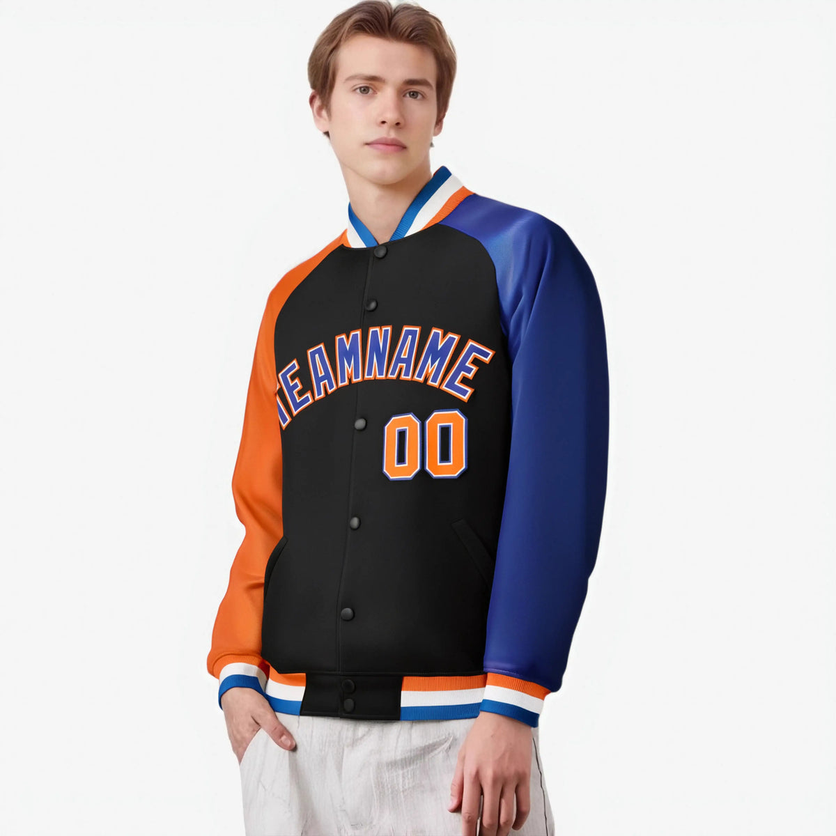 Custom Black Royal Blue-Orange Raglan Sleeves Varsity Full-Snap Letterman Jacket