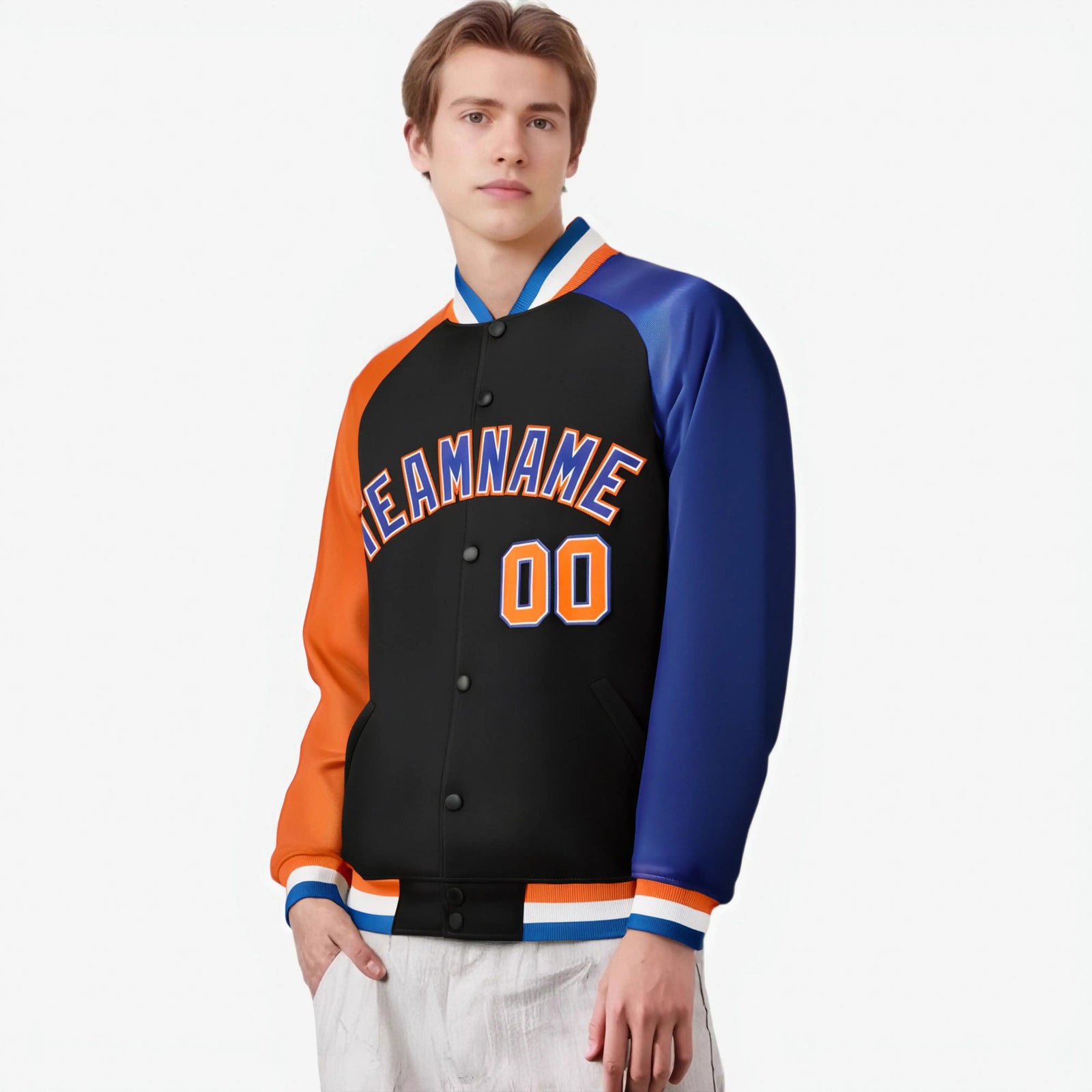 Custom Black Royal Blue-Orange Raglan Sleeves Varsity Full-Snap Letterman Jacket