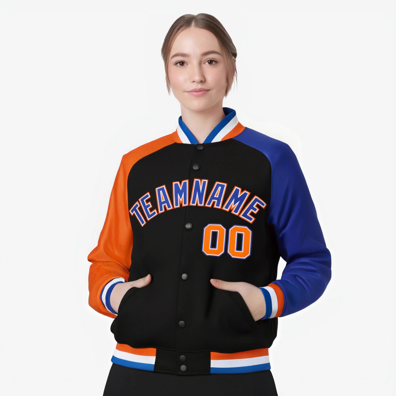 Custom Black Royal Blue-Orange Raglan Sleeves Varsity Full-Snap Letterman Jacket