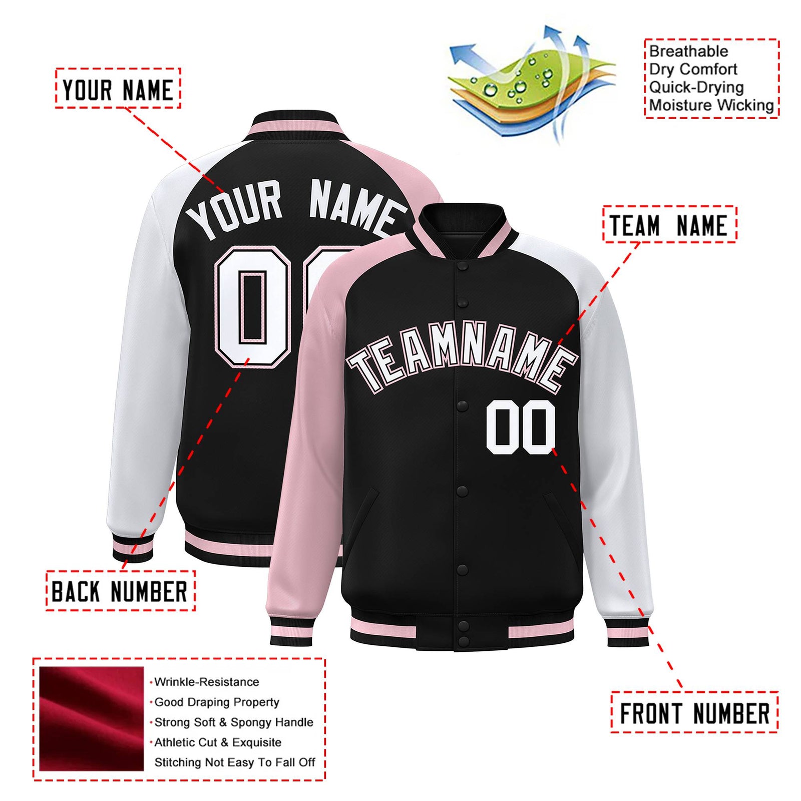 Custom Black White-Pink Raglan Sleeves Varsity Full-Snap Letterman Jacket