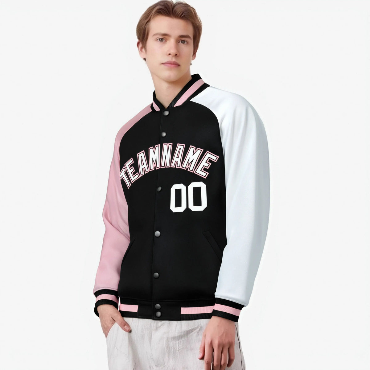 Custom Black White-Pink Raglan Sleeves Varsity Full-Snap Letterman Jacket