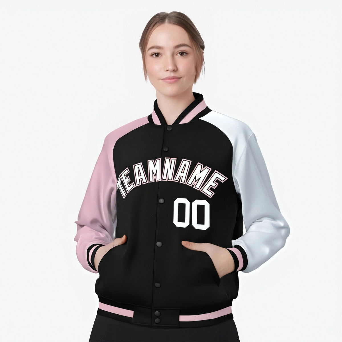 Custom Black White-Pink Raglan Sleeves Varsity Full-Snap Letterman Jacket