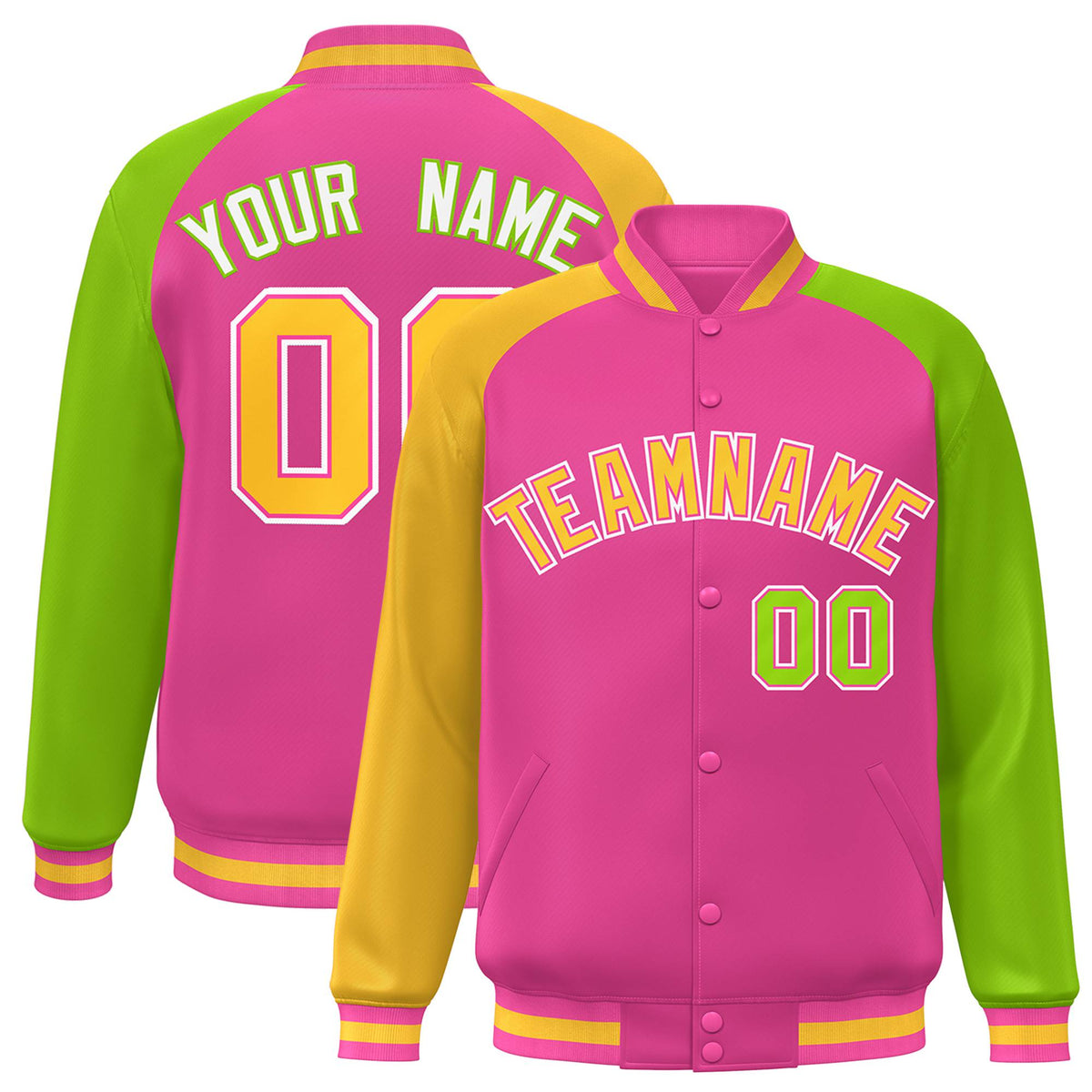 Custom Pink Neon Green-Gold Raglan Sleeves Varsity Full-Snap Letterman Jacket