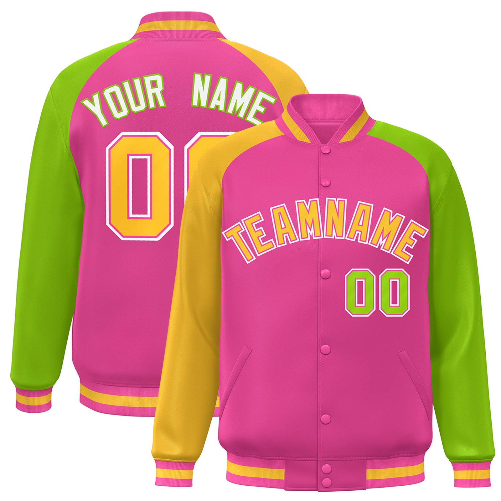 Custom Pink Neon Green-Gold Raglan Sleeves Varsity Full-Snap Letterman Jacket