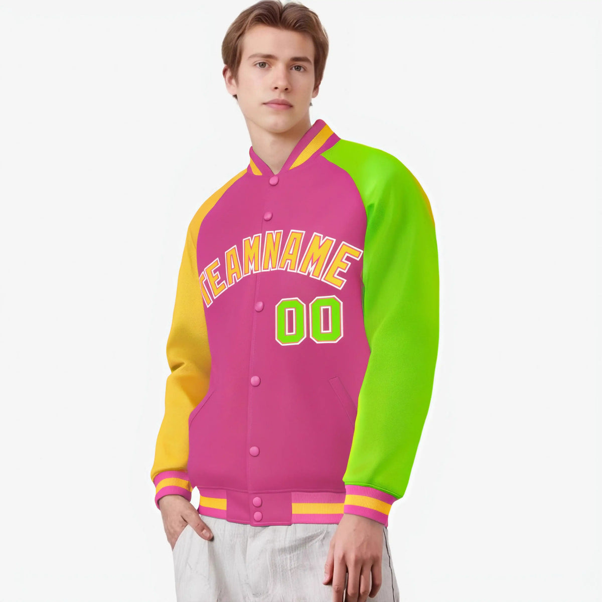 Custom Pink Neon Green-Gold Raglan Sleeves Varsity Full-Snap Letterman Jacket
