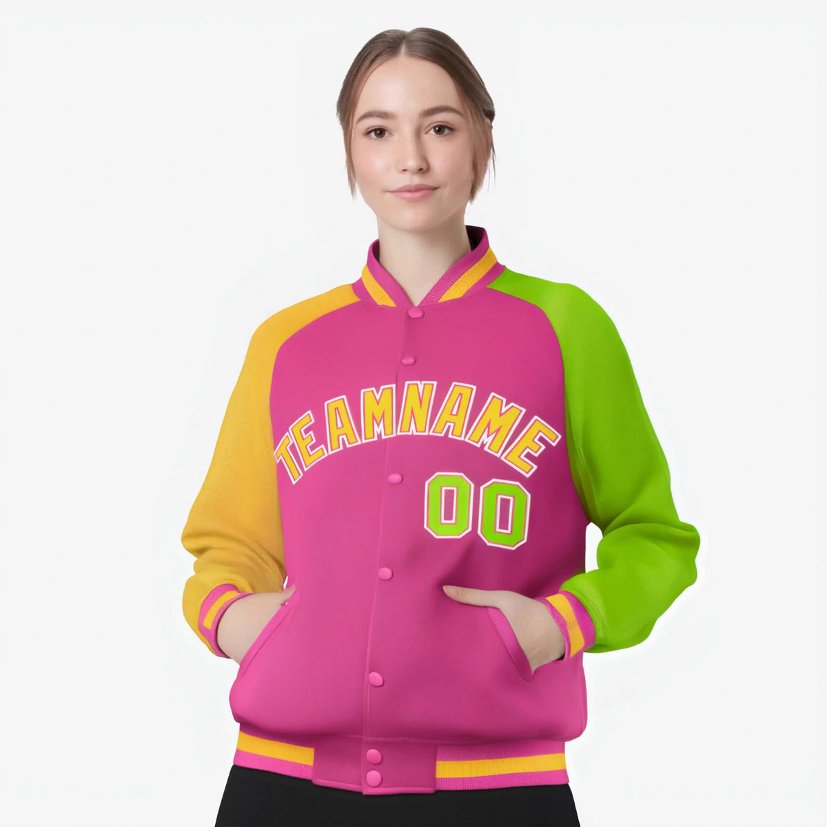 Custom Pink Neon Green-Gold Raglan Sleeves Varsity Full-Snap Letterman Jacket