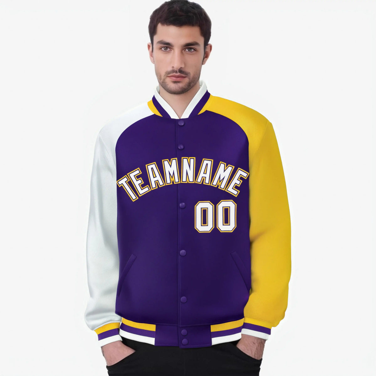 Custom Purple Gold-White Raglan Sleeves Varsity Full-Snap Letterman Jacket