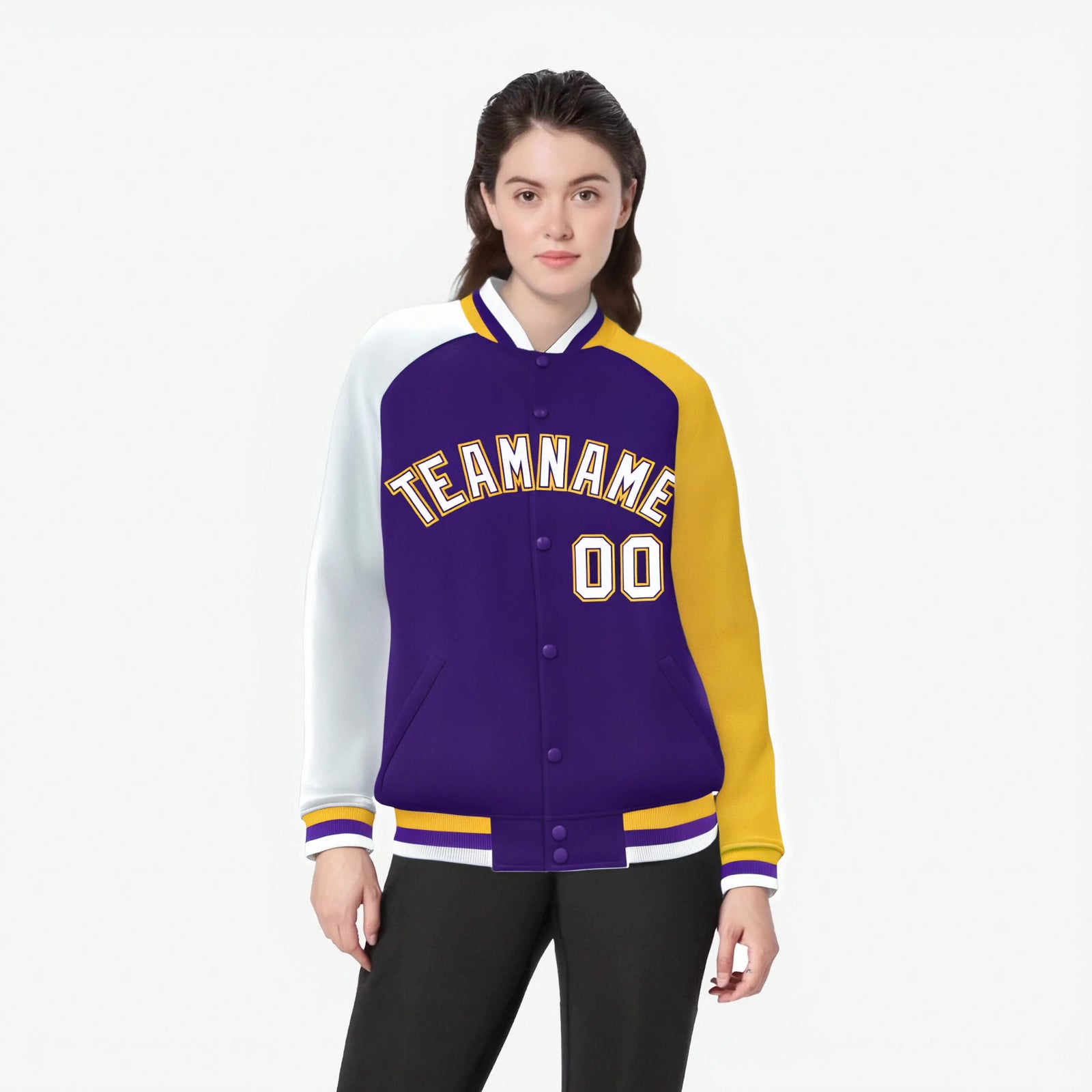 Custom Purple Gold-White Raglan Sleeves Varsity Full-Snap Letterman Jacket