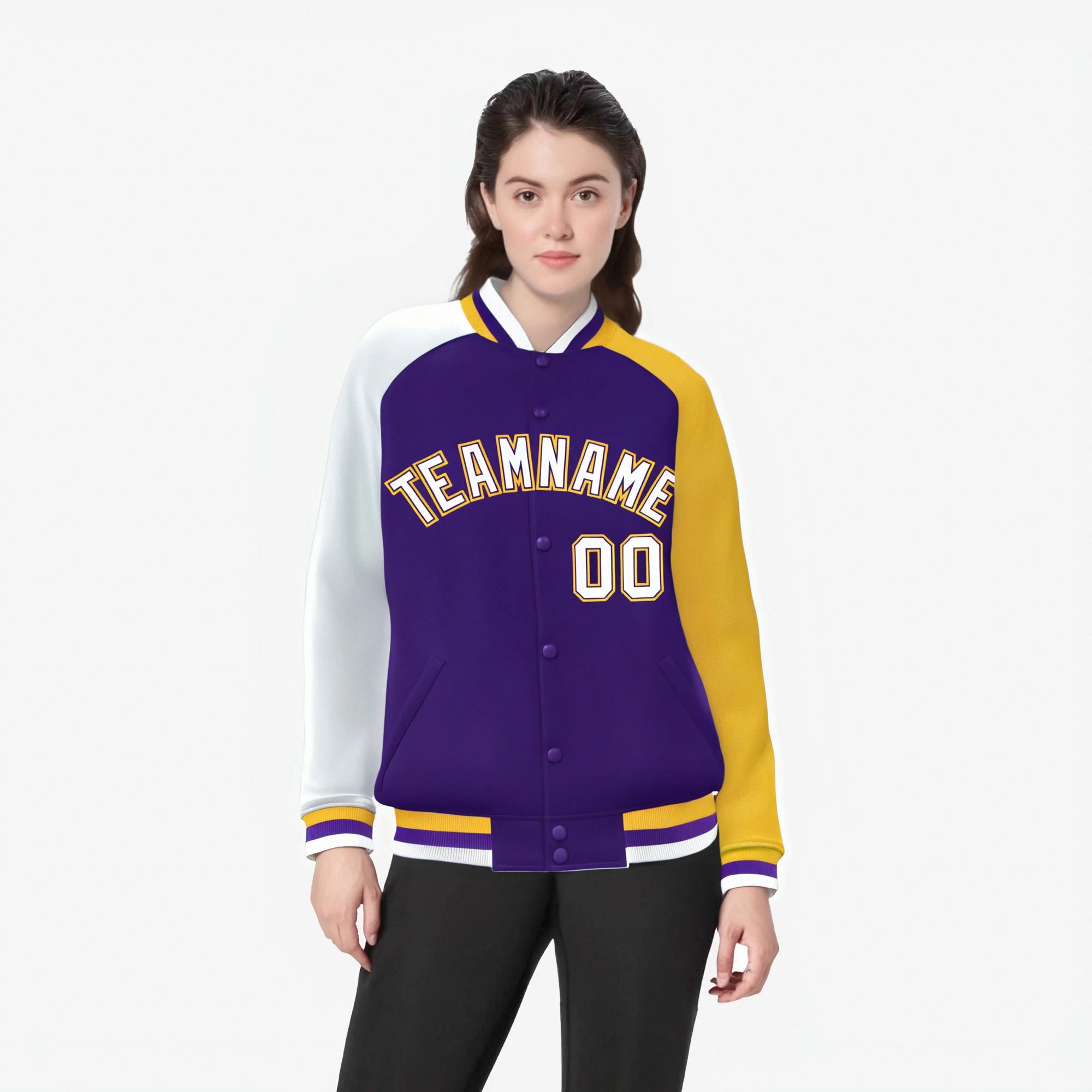 Custom Purple Gold-White Raglan Sleeves Varsity Full-Snap Letterman Jacket