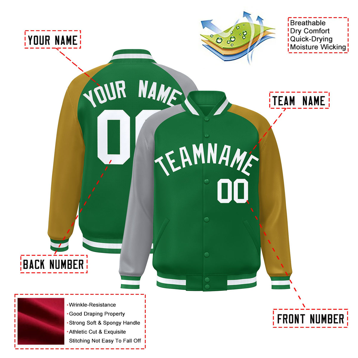 Custom Kelly Green Old Gold-Gray Raglan Sleeves Varsity Full-Snap Letterman Jacket