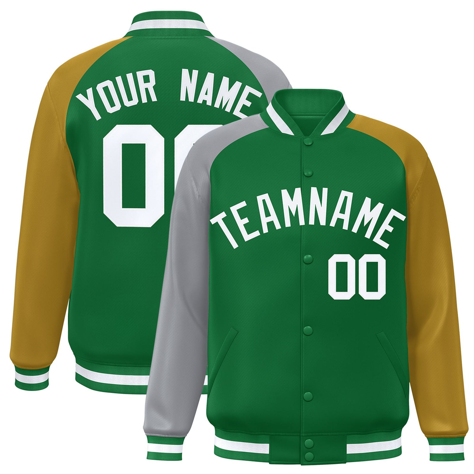 Custom Kelly Green Old Gold-Gray Raglan Sleeves Varsity Full-Snap Letterman Jacket