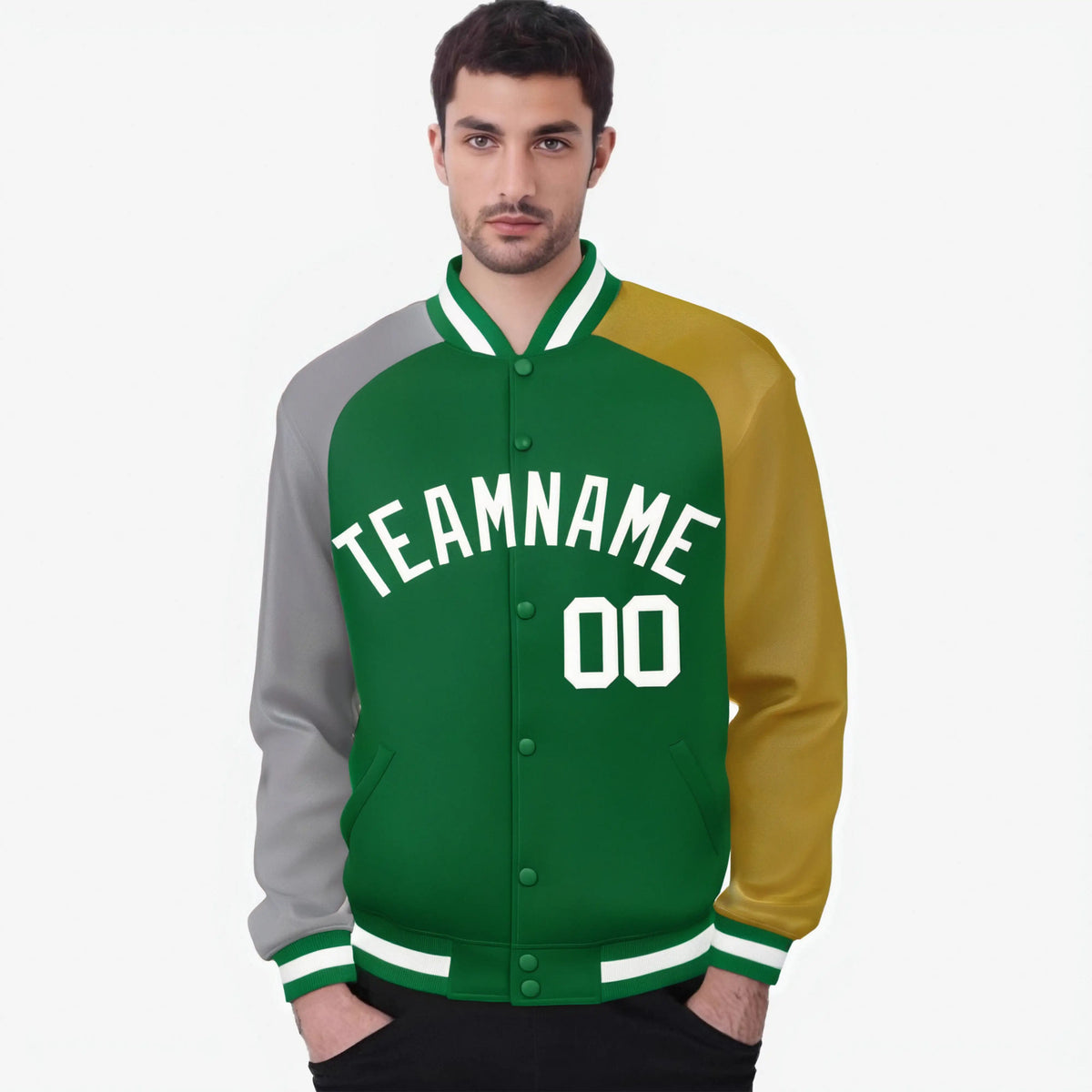 Custom Kelly Green Old Gold-Gray Raglan Sleeves Varsity Full-Snap Letterman Jacket