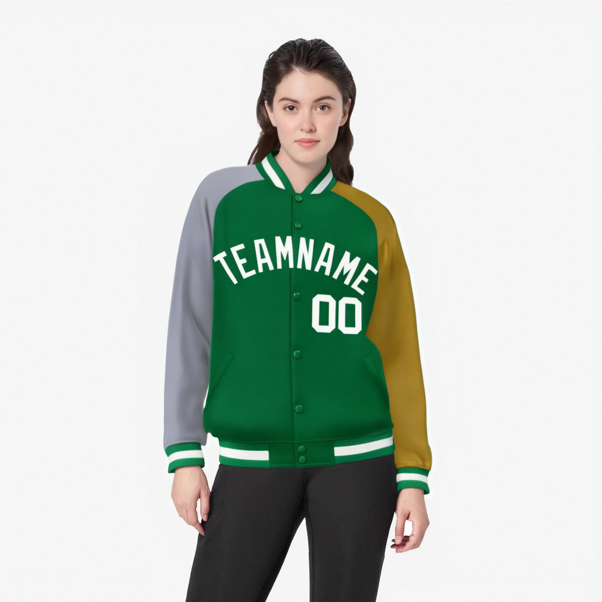 Custom Kelly Green Old Gold-Gray Raglan Sleeves Varsity Full-Snap Letterman Jacket