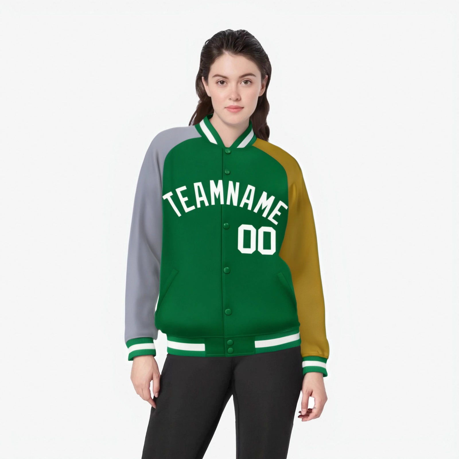 Custom Kelly Green Old Gold-Gray Raglan Sleeves Varsity Full-Snap Letterman Jacket