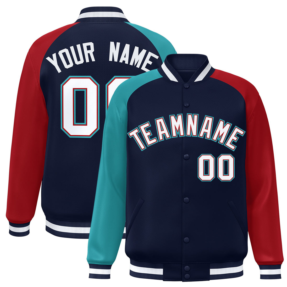 Custom Navy Red-Aqua Raglan Sleeves Varsity Full-Snap Letterman Jacket