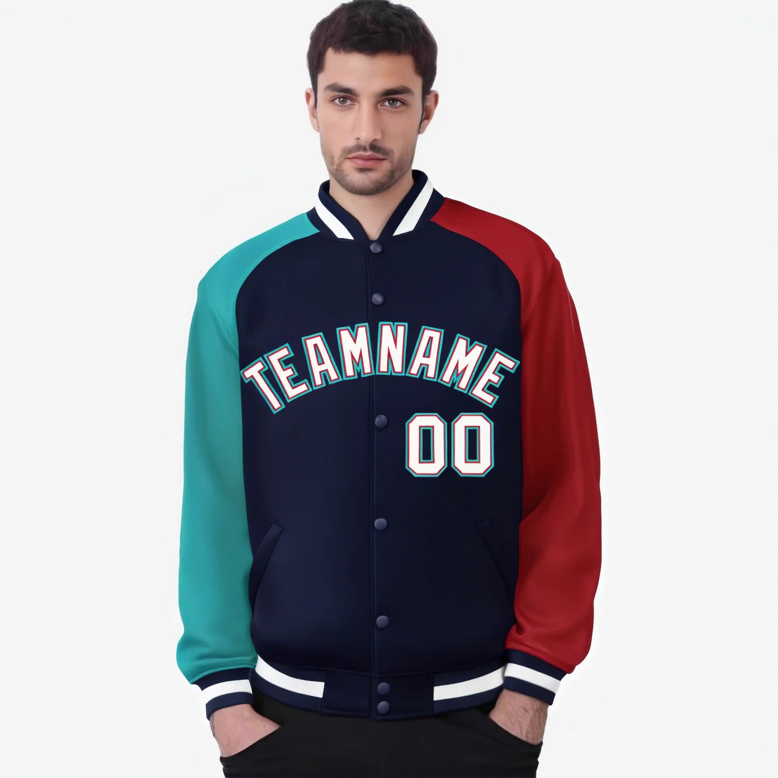 Custom Navy Red-Aqua Raglan Sleeves Varsity Full-Snap Letterman Jacket