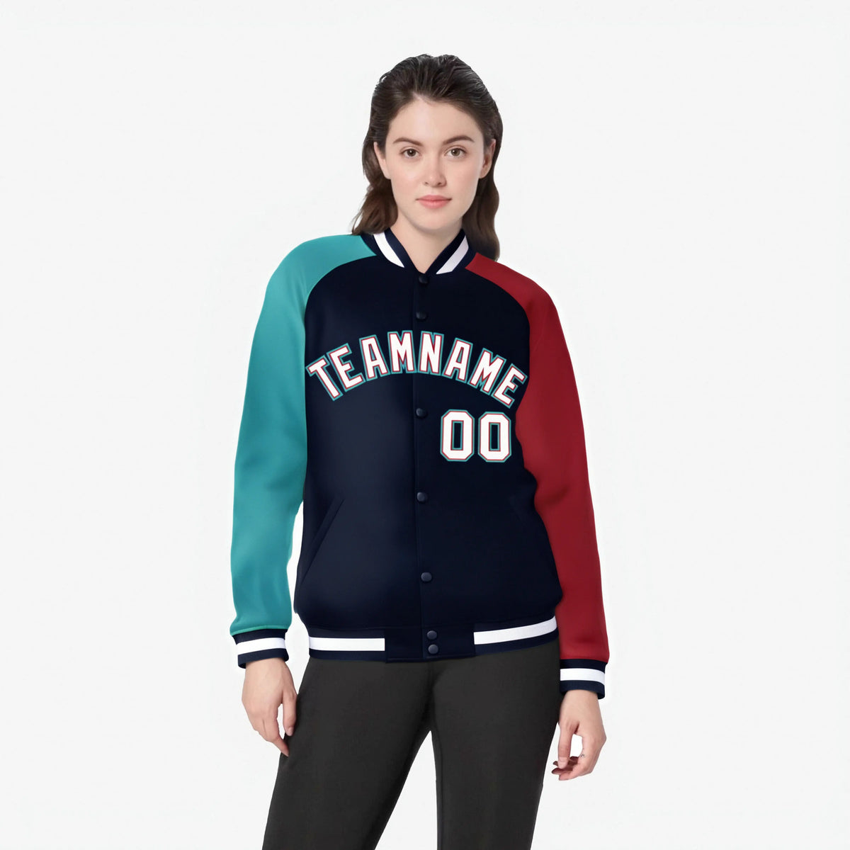 Custom Navy Red-Aqua Raglan Sleeves Varsity Full-Snap Letterman Jacket
